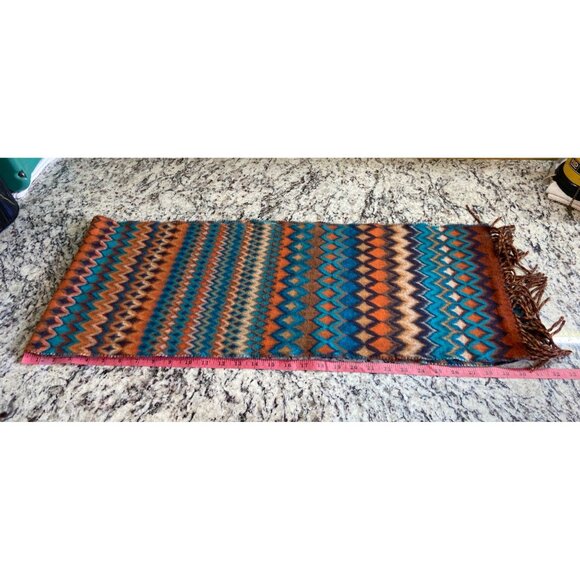Fras Feel Cashmink Womens Rectangle Scarf Zigzag Fringe Blue Orange Brown Warm - Picture 4 of 7